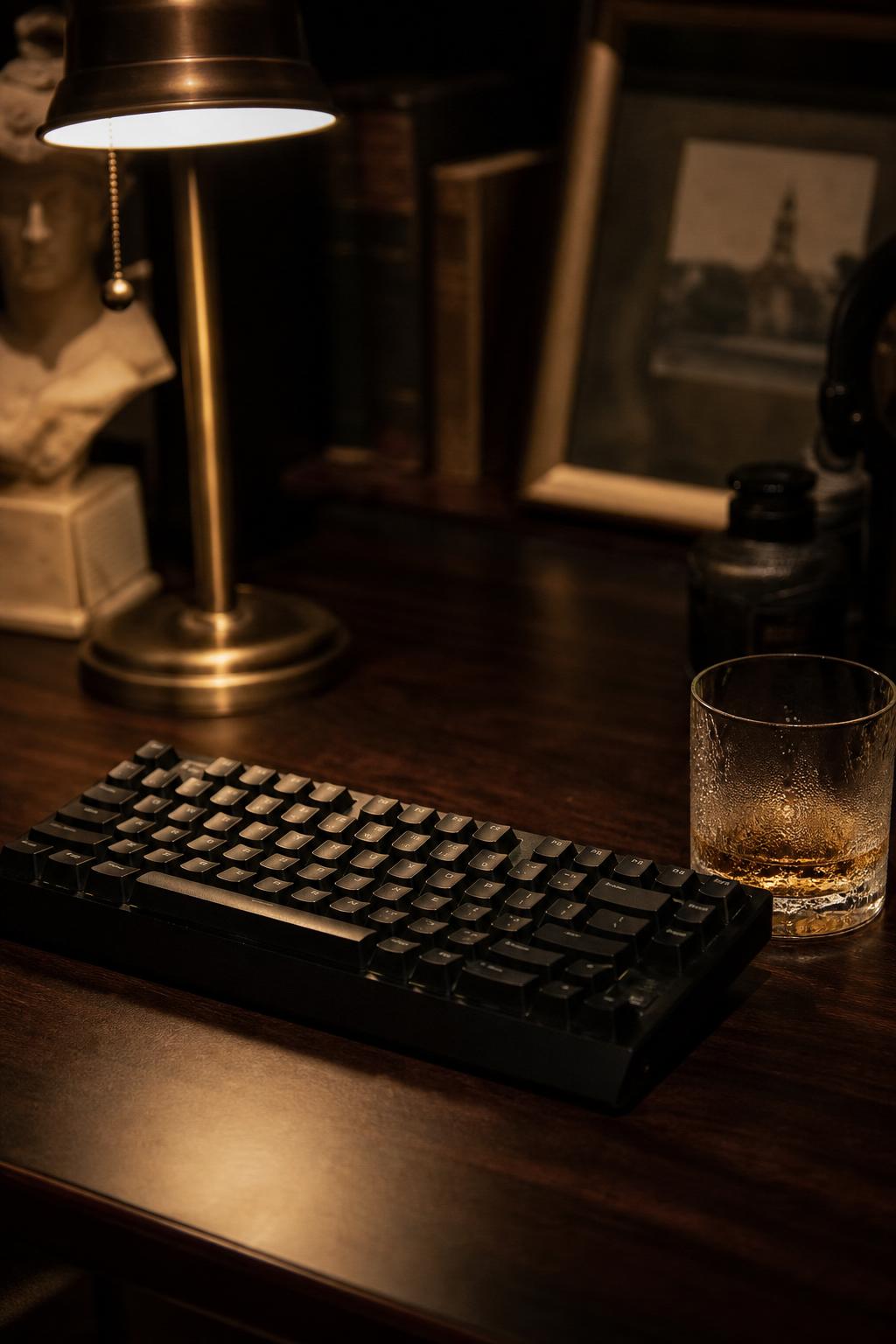An illuminated desk with documents at night
