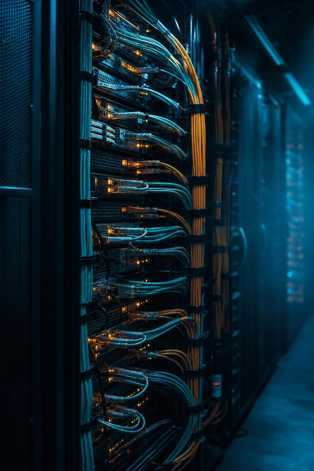 Dense fiber cabling representing organized infrastructure